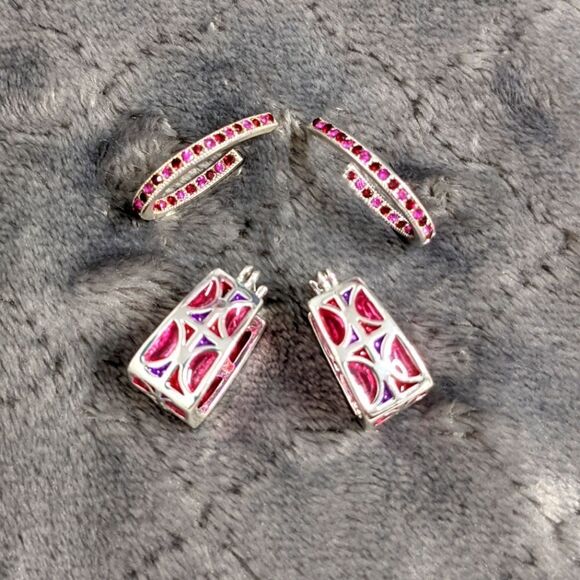 Jewelry - Vintage Silvertone/Pink Acrylic and Pink Rhinestone Pierced Earrings (2) Pair